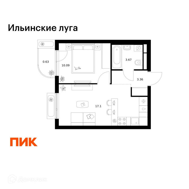1-комнатная квартира 34.85 м² Ильинские луга