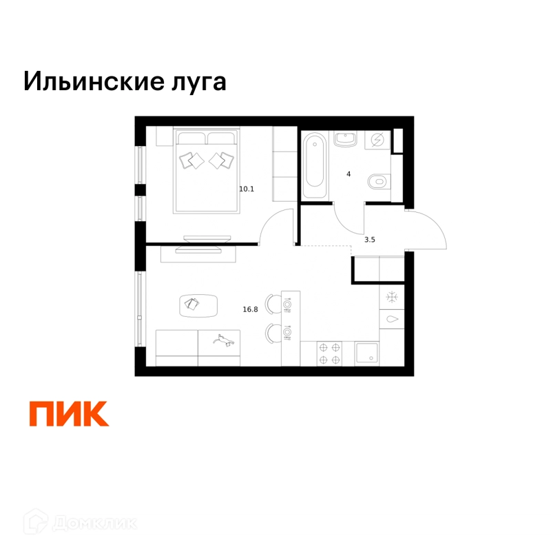 1-комнатная квартира 34.4 м² Ильинские луга