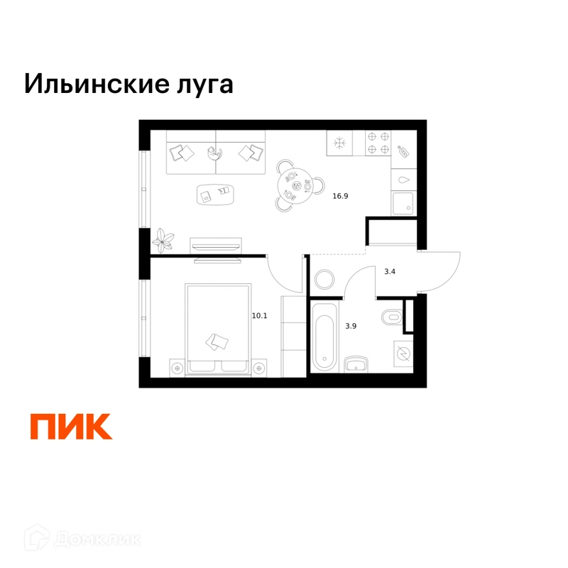 1-комнатная квартира 34.3 м² Ильинские луга