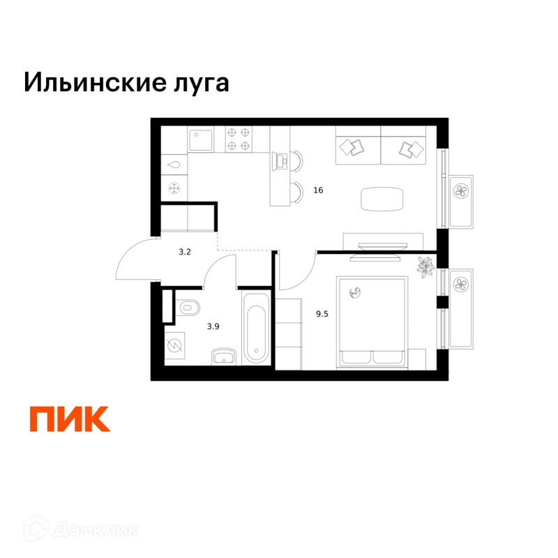 1-комнатная квартира 32.6 м² Ильинские луга
