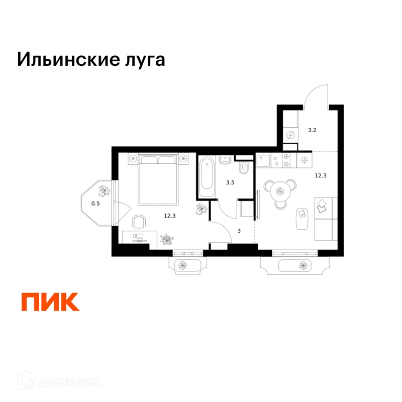 1-комнатная квартира 34.8 м² Ильинские луга