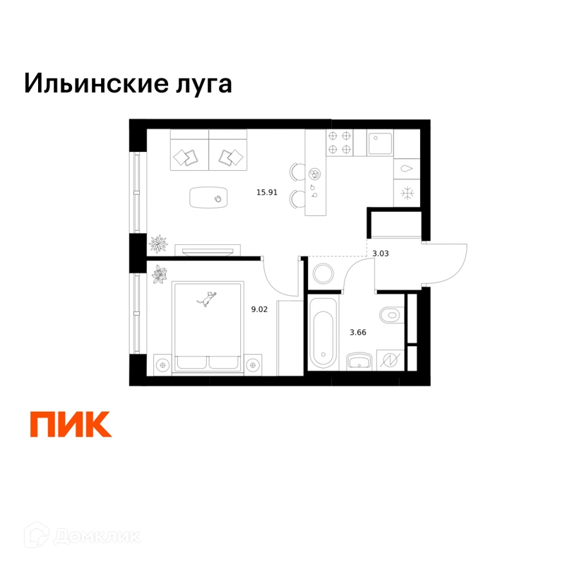 1-комнатная квартира 31.62 м² Ильинские луга