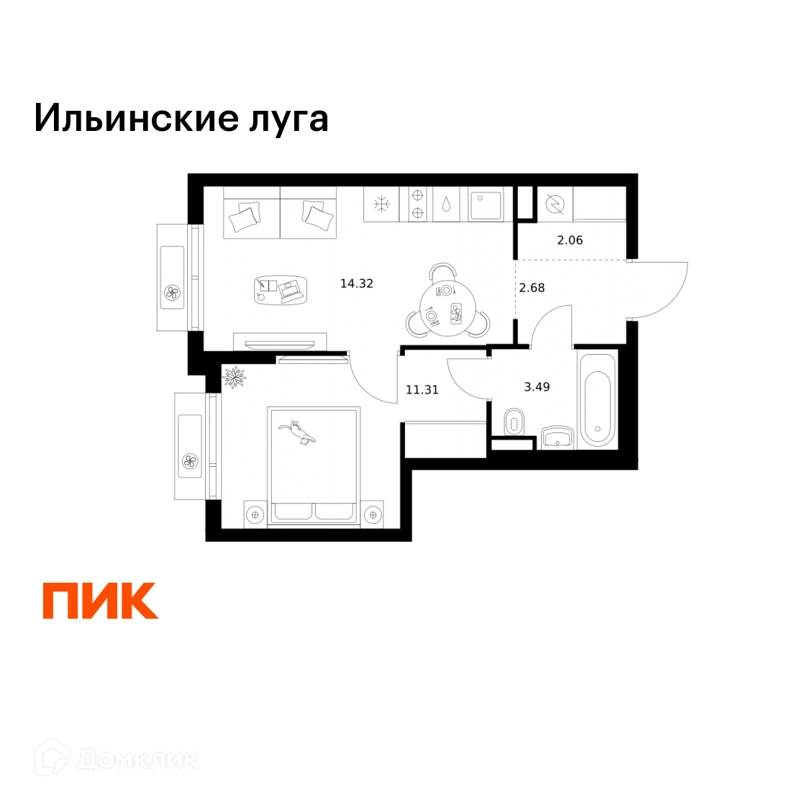 1-комнатная квартира 33.86 м² Ильинские луга