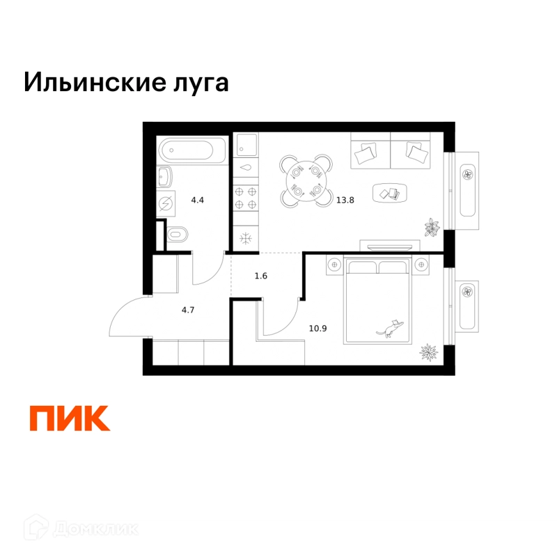 1-комнатная квартира 35.4 м² Ильинские луга