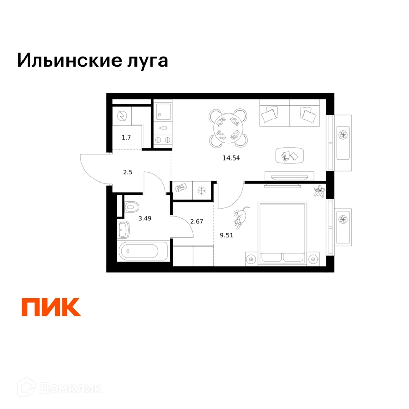 1-комнатная квартира 34.41 м² Ильинские луга