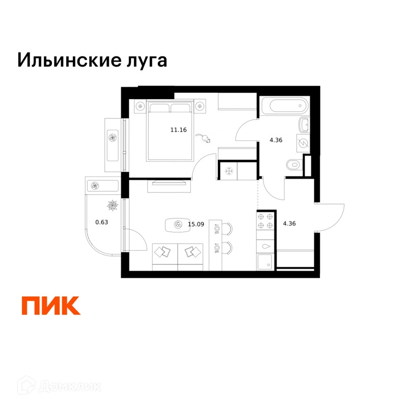 1-комнатная квартира 35.6 м² Ильинские луга