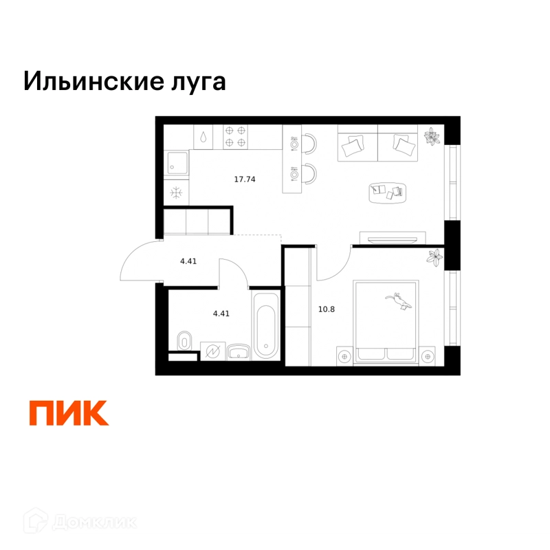 1-комнатная квартира 37.36 м² Ильинские луга