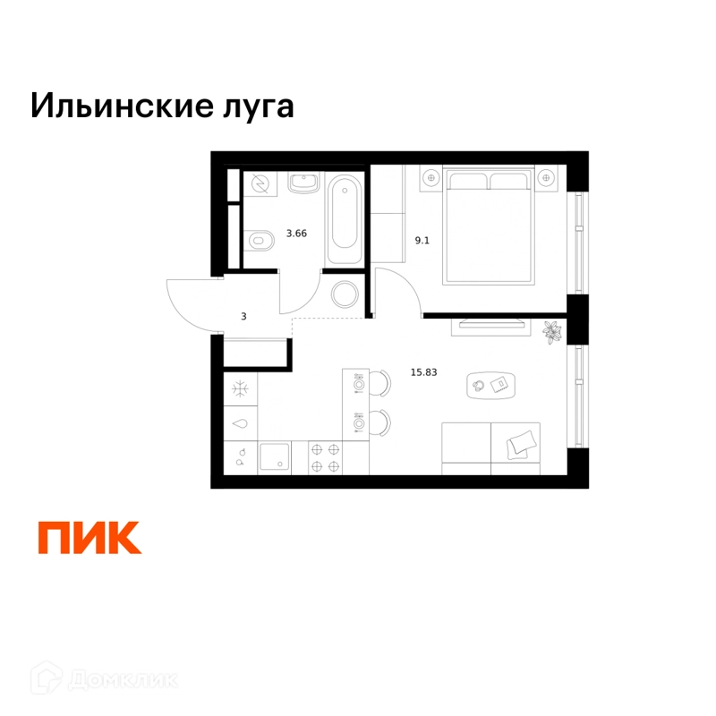 1-комнатная квартира 31.59 м² Ильинские луга