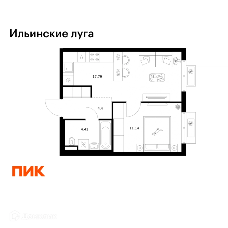 1-комнатная квартира 37.74 м² Ильинские луга