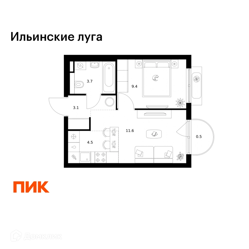 1-комнатная квартира 32.8 м² Ильинские луга