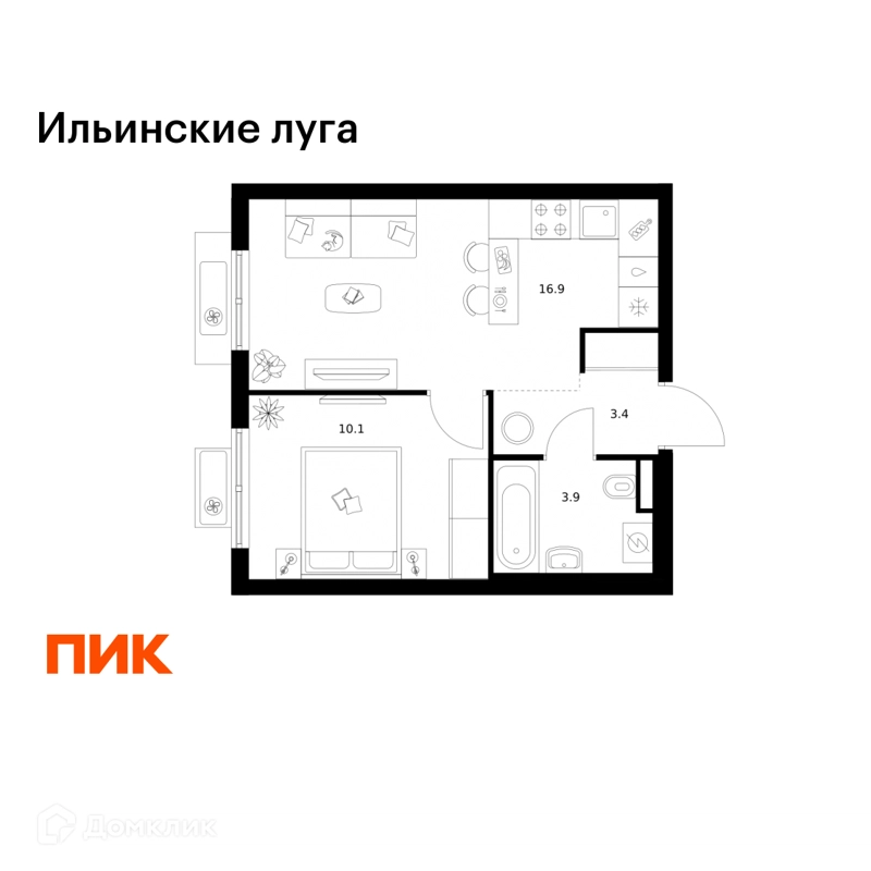 1-комнатная квартира 34.3 м² Ильинские луга