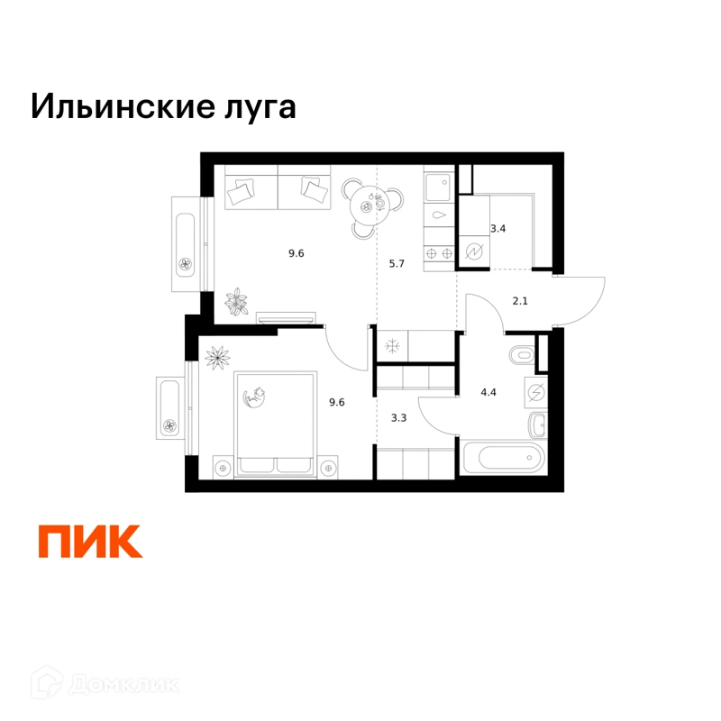 1-комнатная квартира 38.1 м² Ильинские луга