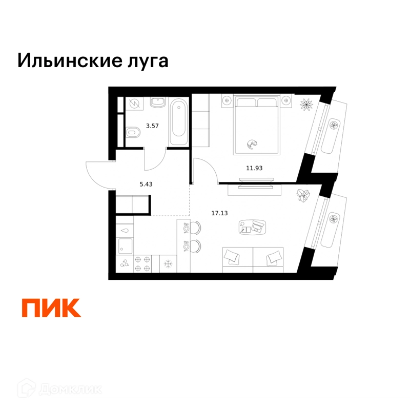 1-комнатная квартира 38.06 м² Ильинские луга