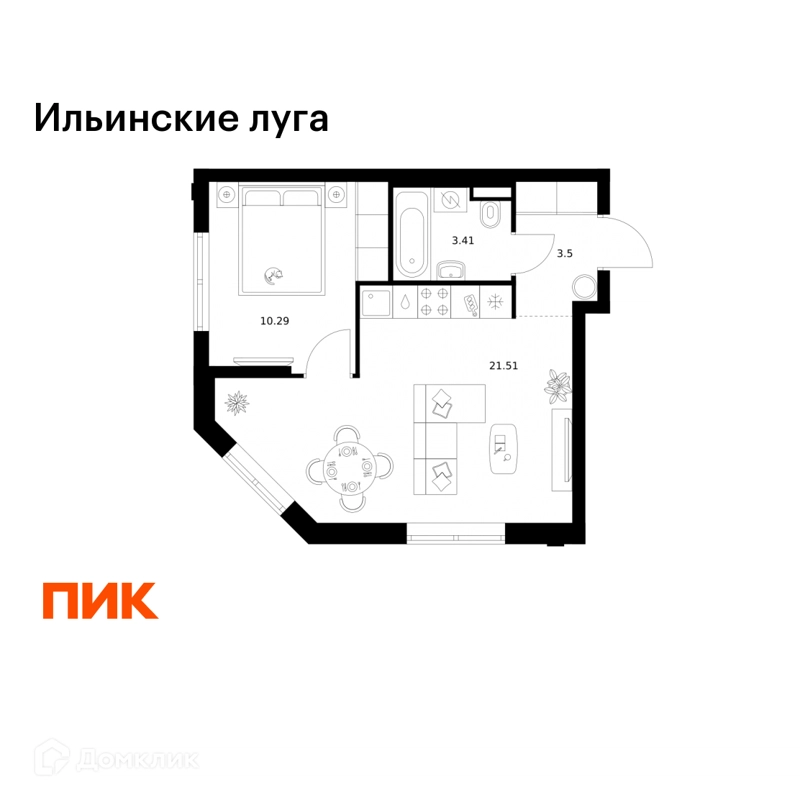 1-комнатная квартира 38.71 м² Ильинские луга