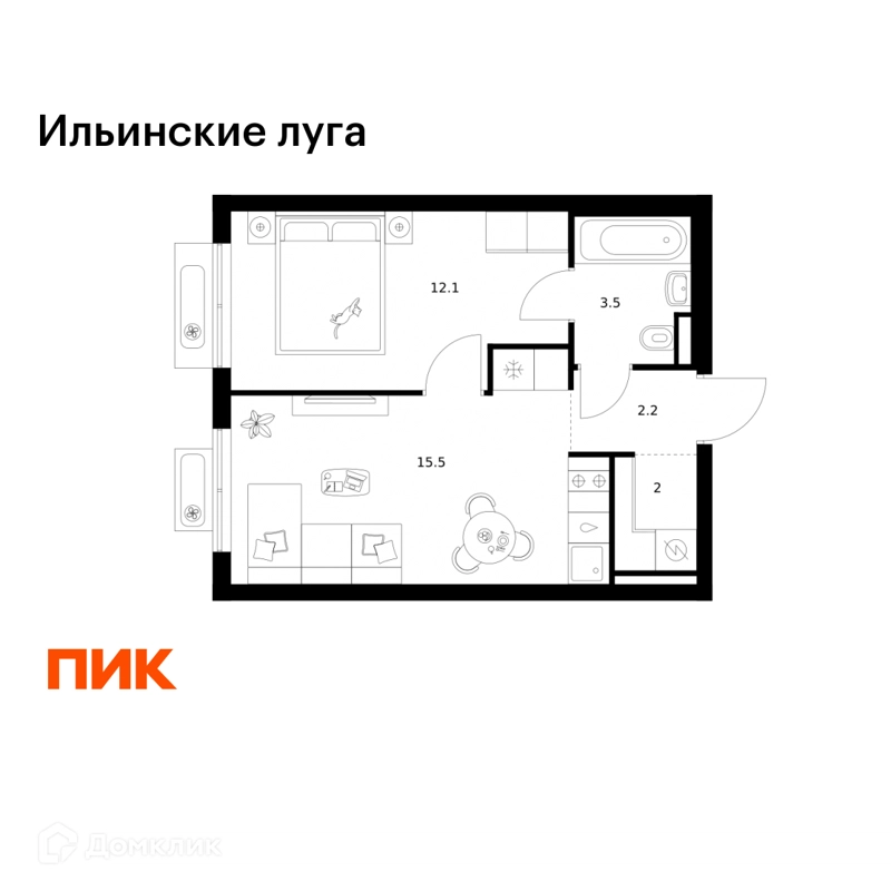 1-комнатная квартира 35.3 м² Ильинские луга