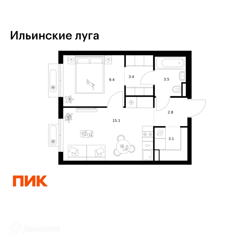1-комнатная квартира 37.3 м² Ильинские луга