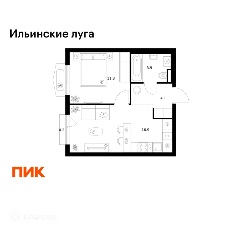 1-комнатная квартира 36.4 м² Ильинские луга