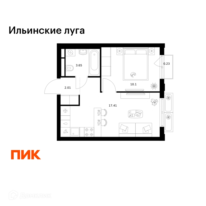 1-комнатная квартира 33.4 м² Ильинские луга