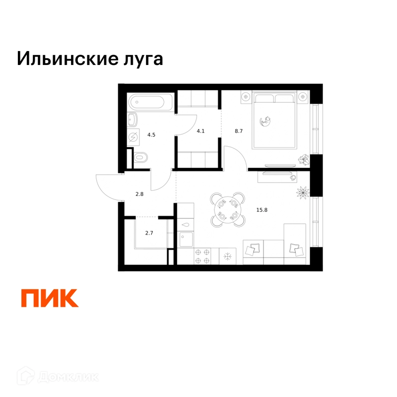 1-комнатная квартира 38.6 м² Ильинские луга