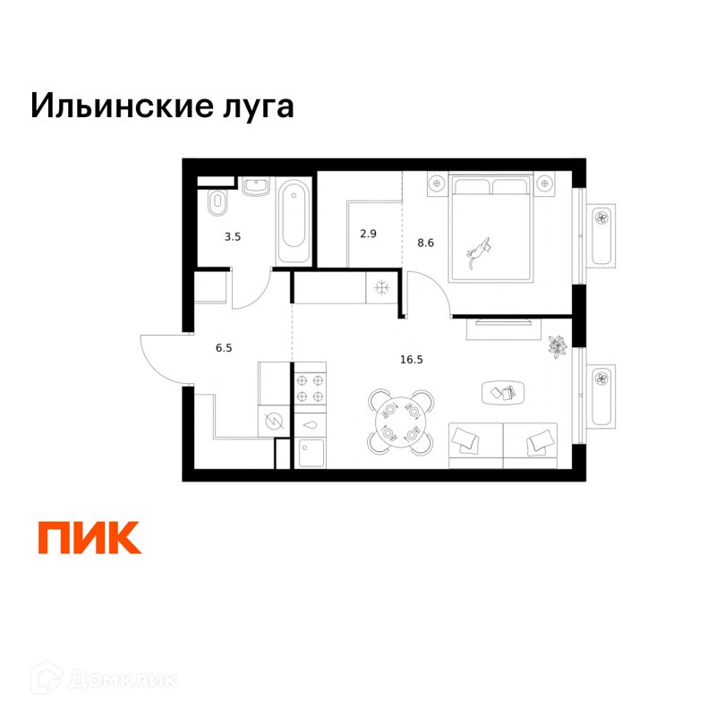 1-комнатная квартира 38 м² Ильинские луга