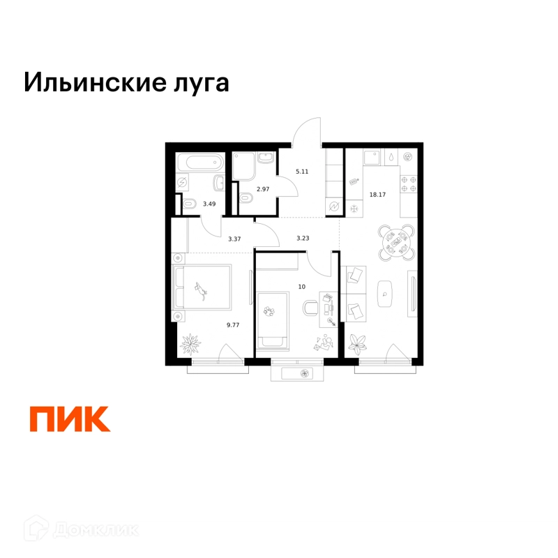 2-комнатная квартира 56.11 м² Ильинские луга