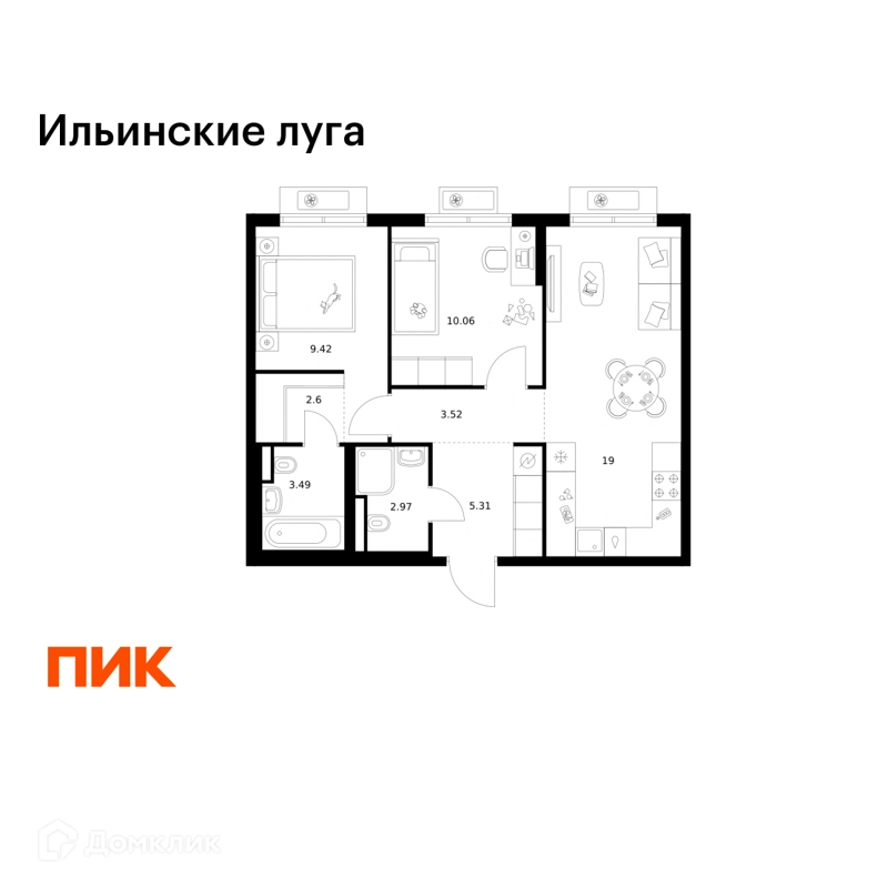 2-комнатная квартира 56.37 м² Ильинские луга