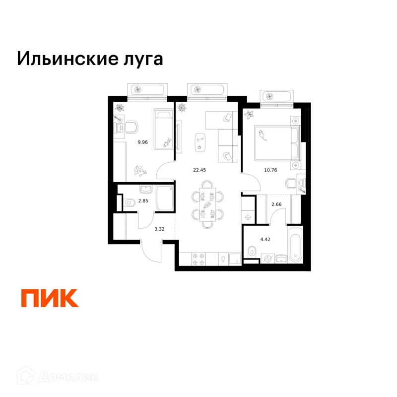 2-комнатная квартира 56.42 м² Ильинские луга