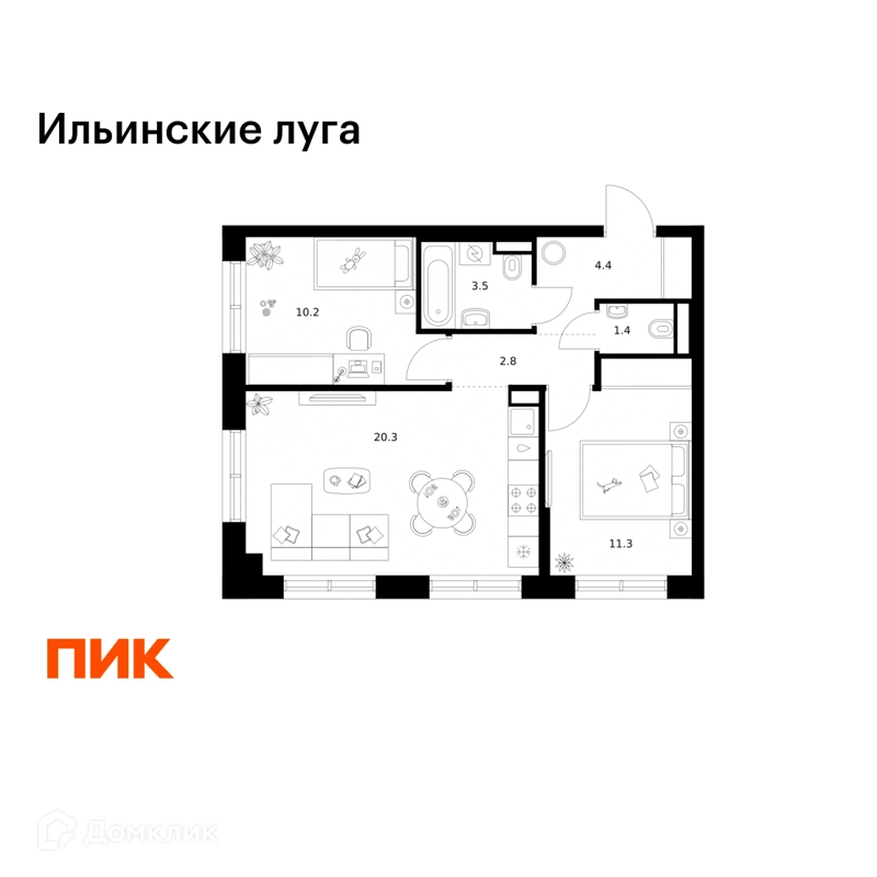 2-комнатная квартира 53.9 м² Ильинские луга