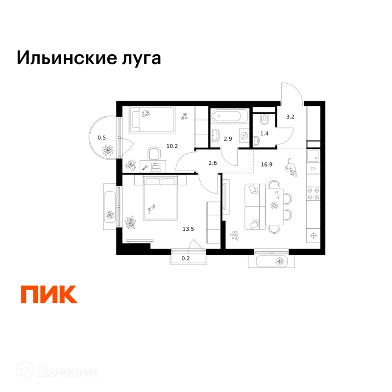 2-комнатная квартира 51.4 м² Ильинские луга