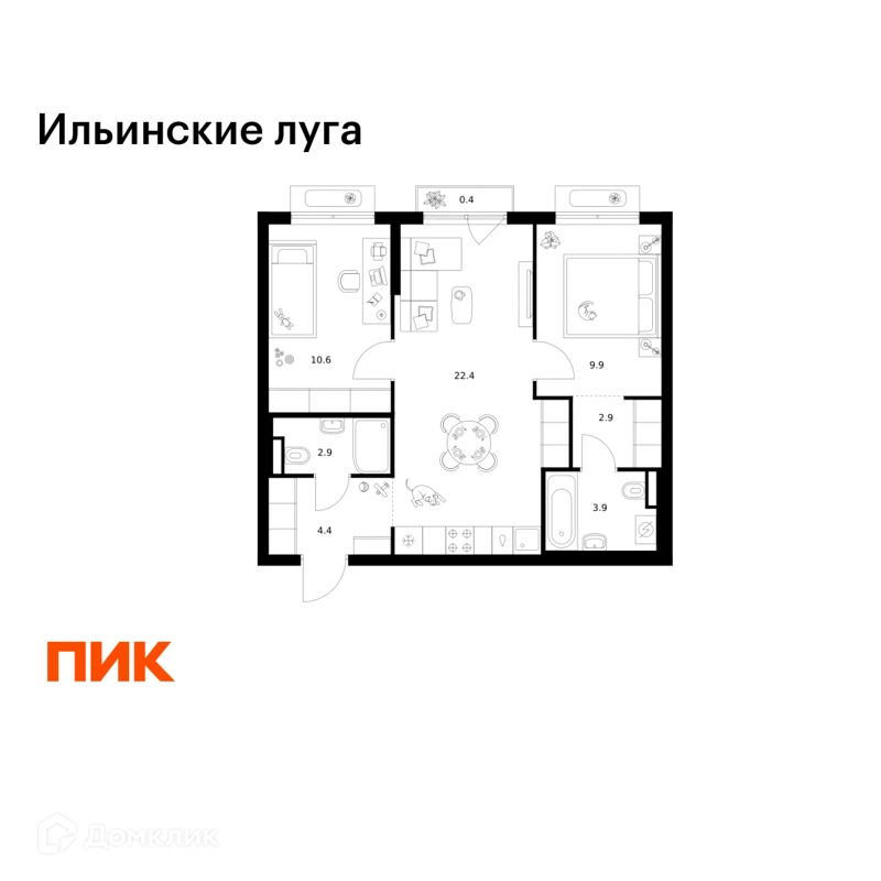 2-комнатная квартира 57.4 м² Ильинские луга
