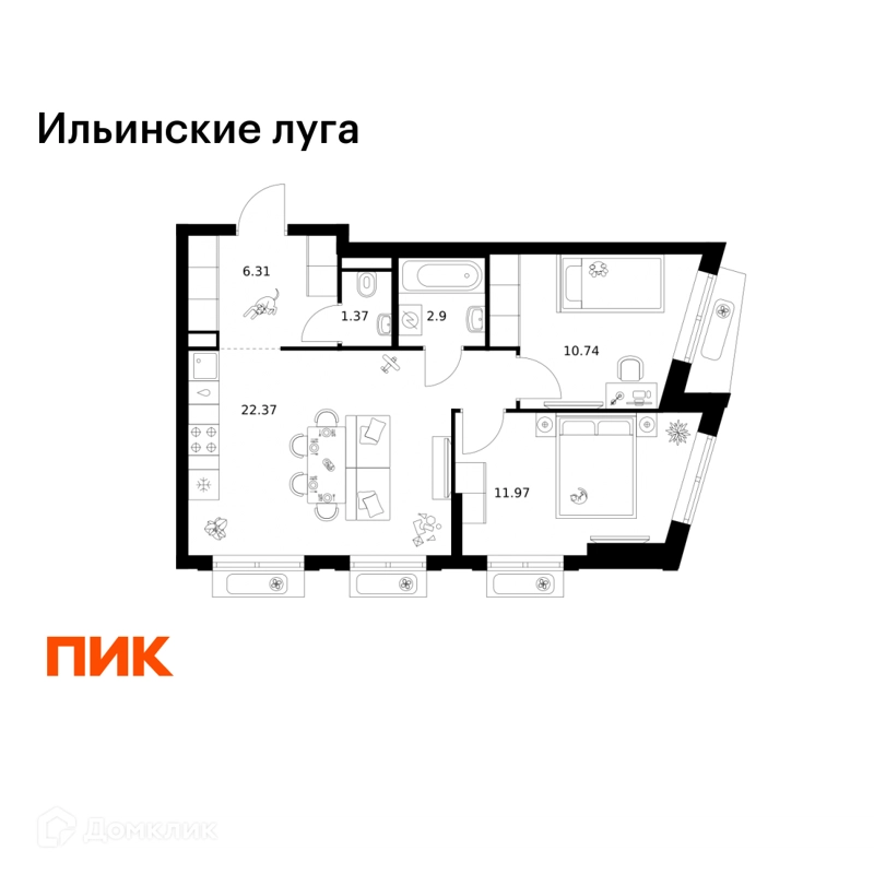 2-комнатная квартира 55.66 м² Ильинские луга