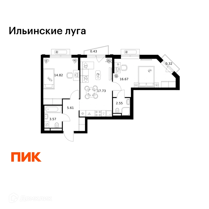 2-комнатная квартира 61.7 м² Ильинские луга