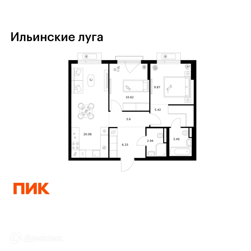 2-комнатная квартира 62.35 м² Ильинские луга