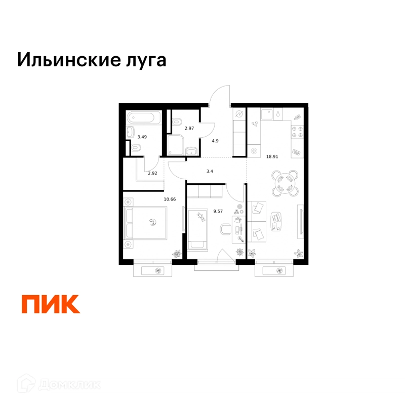 2-комнатная квартира 56.82 м² Ильинские луга