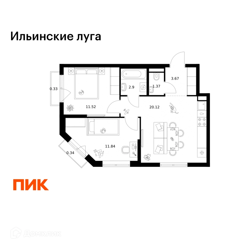 2-комнатная квартира 52.09 м² Ильинские луга