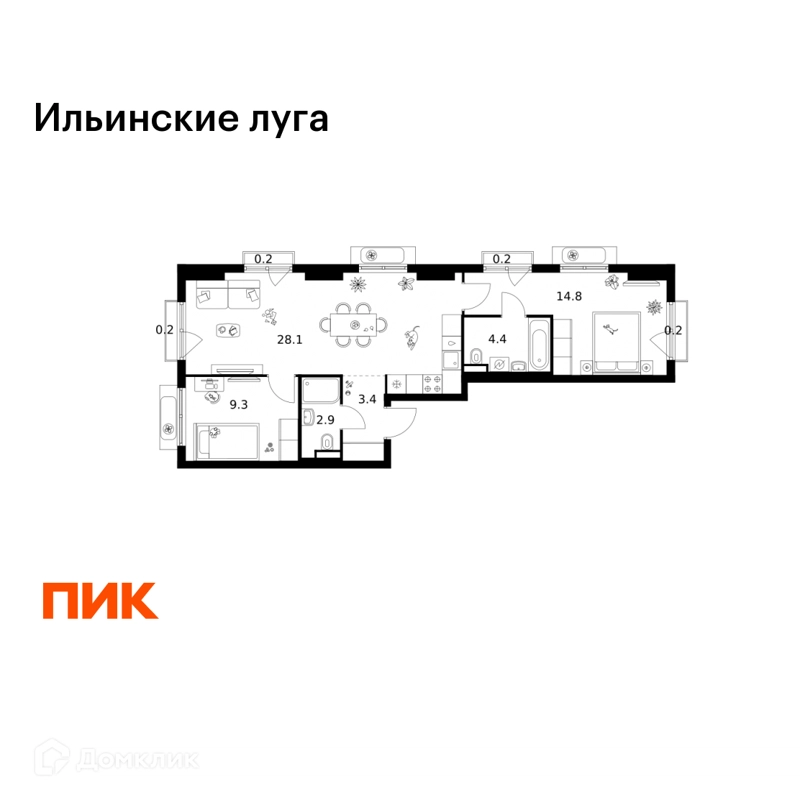 2-комнатная квартира 63.7 м² Ильинские луга