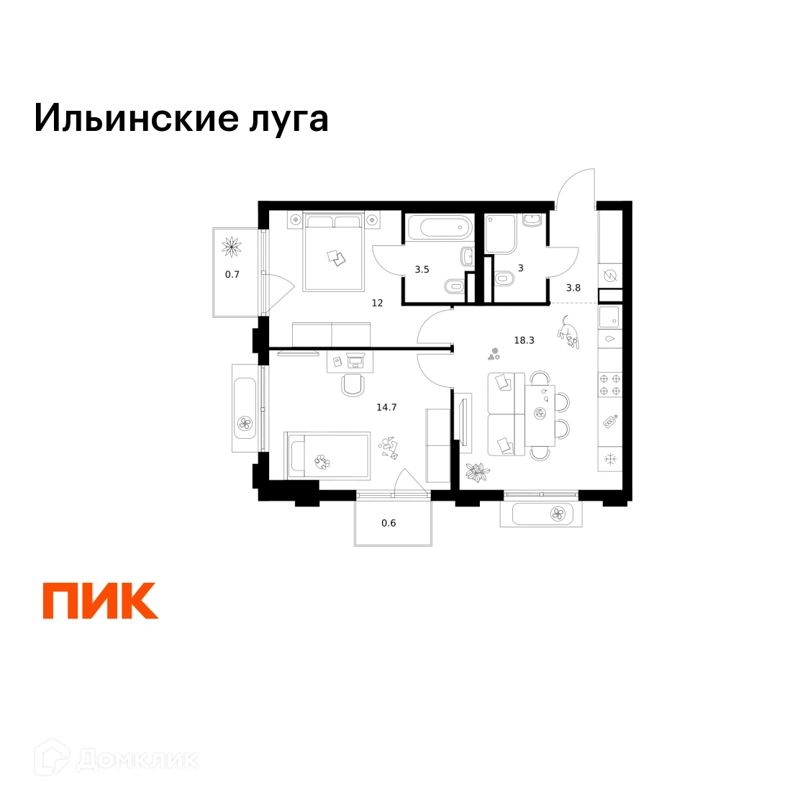 2-комнатная квартира 56.6 м² Ильинские луга