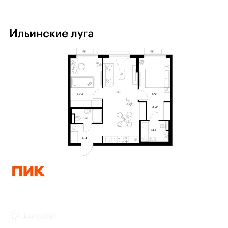 2-комнатная квартира 56.31 м² Ильинские луга