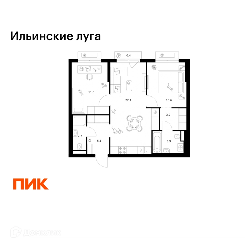 2-комнатная квартира 59.5 м² Ильинские луга