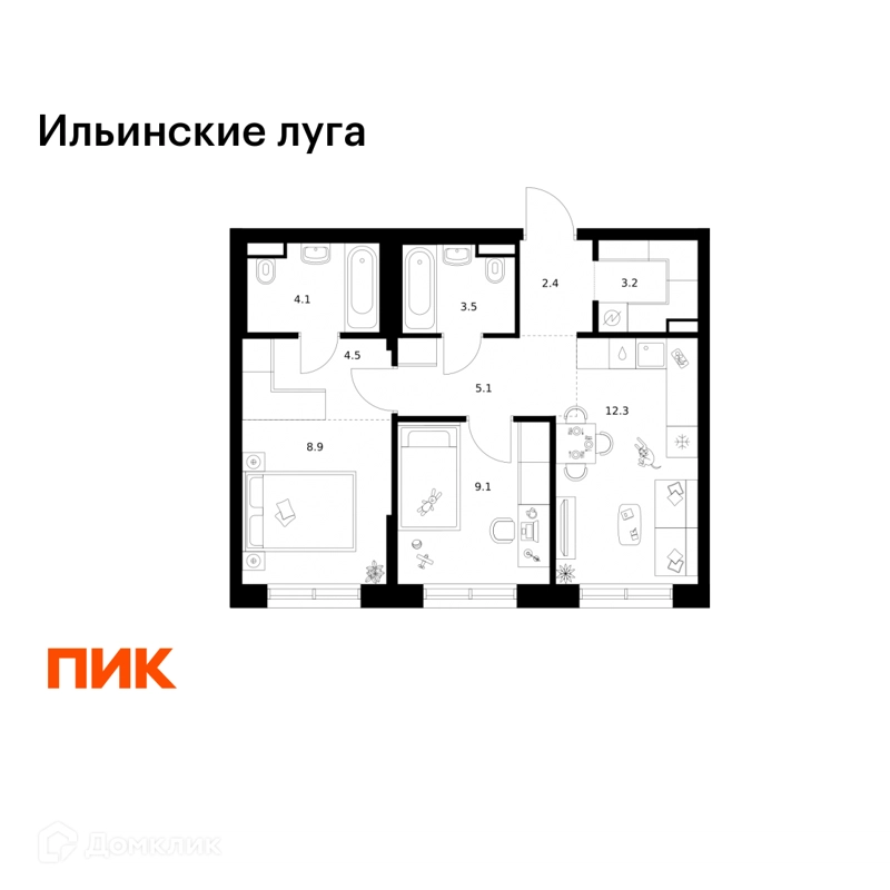 2-комнатная квартира 53.1 м² Ильинские луга