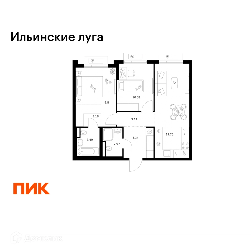 2-комнатная квартира 57.34 м² Ильинские луга