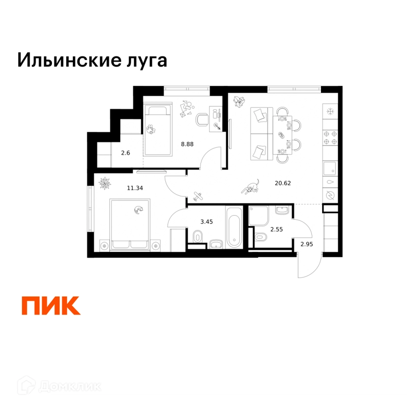 2-комнатная квартира 52.39 м² Ильинские луга