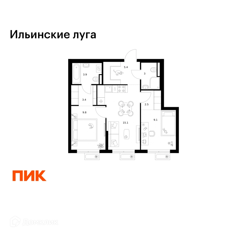 2-комнатная квартира 52.2 м² Ильинские луга
