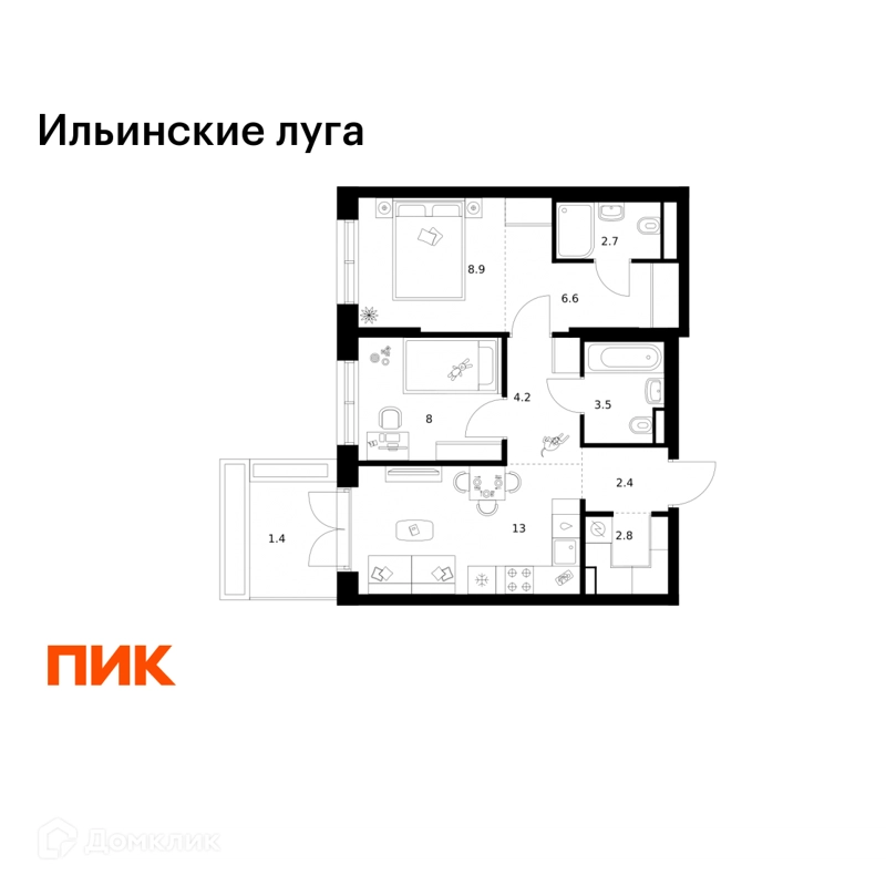2-комнатная квартира 53.5 м² Ильинские луга