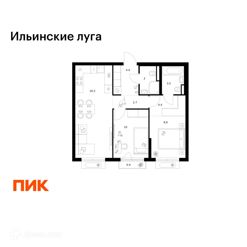 2-комнатная квартира 57.2 м² Ильинские луга