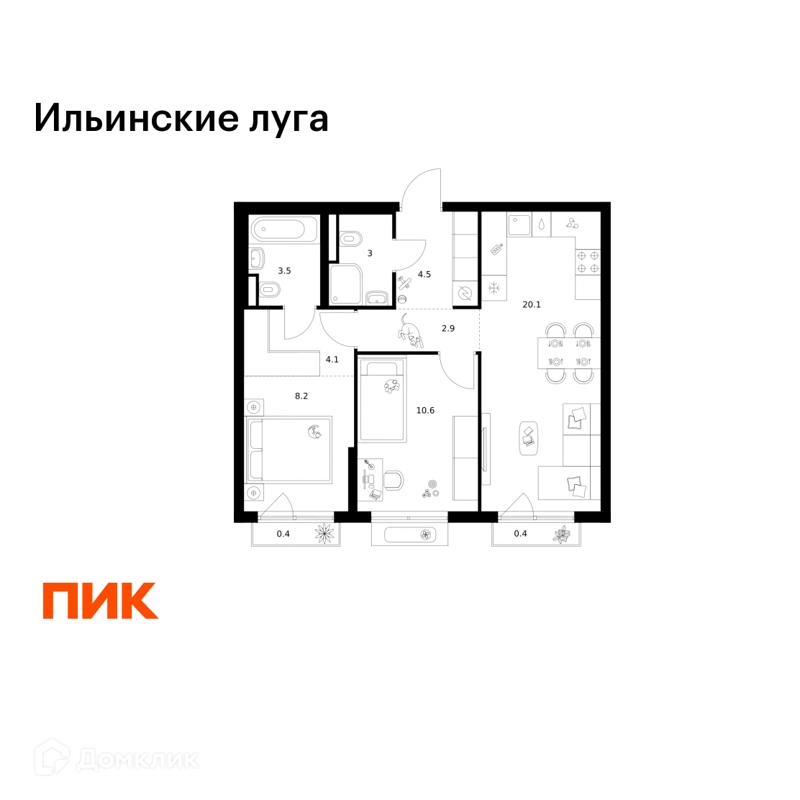 2-комнатная квартира 57.7 м² Ильинские луга