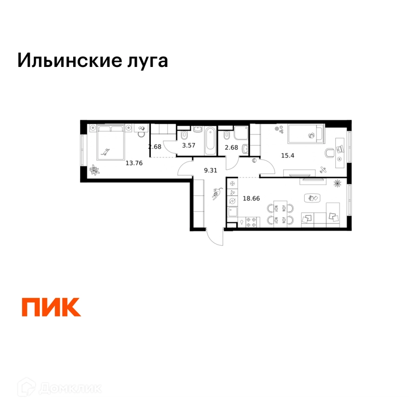 2-комнатная квартира 66.06 м² Ильинские луга