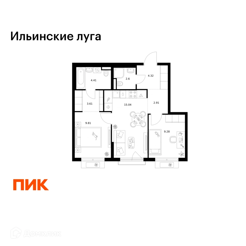 2-комнатная квартира 51.98 м² Ильинские луга