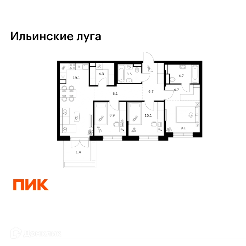 3-комнатная квартира 78.6 м² Ильинские луга
