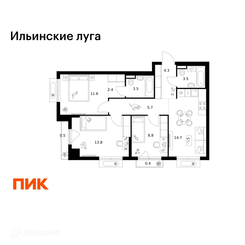 3-комнатная квартира 69.2 м² Ильинские луга
